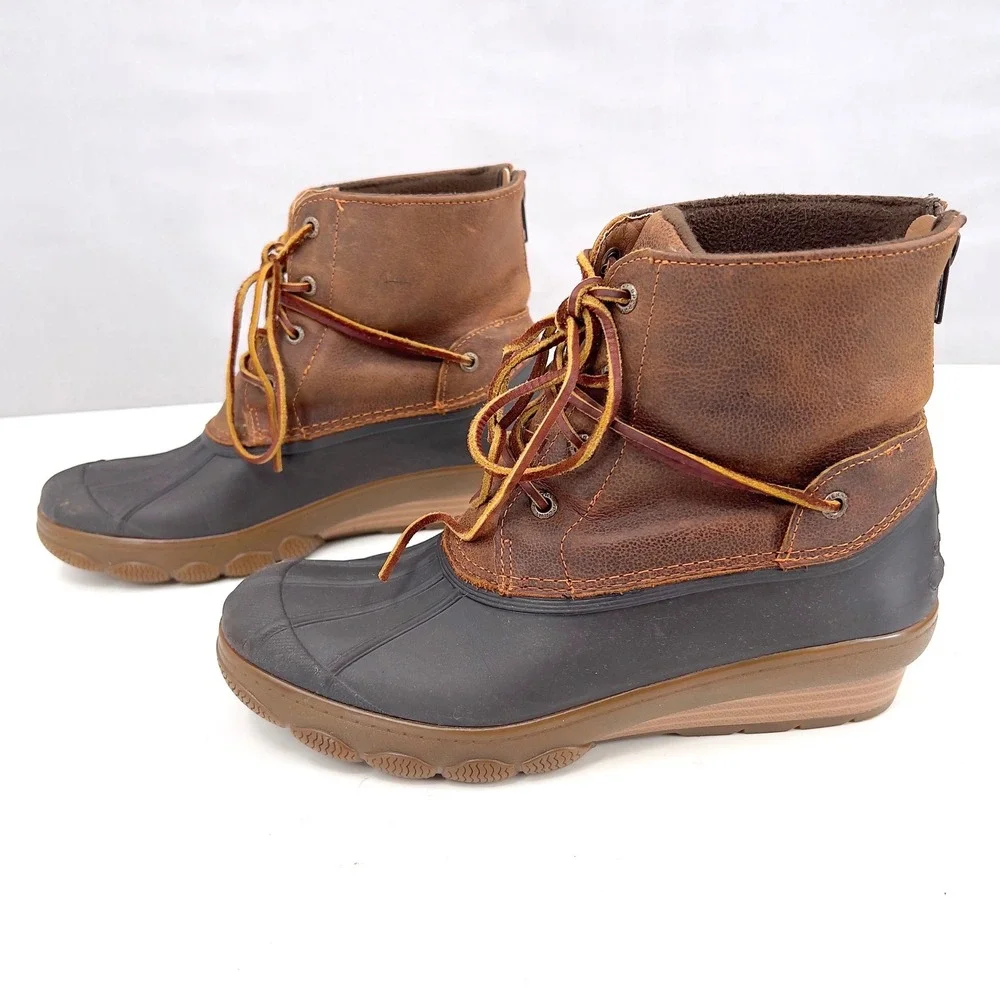 Sperry Saltwater Wedge Womens Duck Boot Tan Brown Leather Rubber Zip‎ 9.5